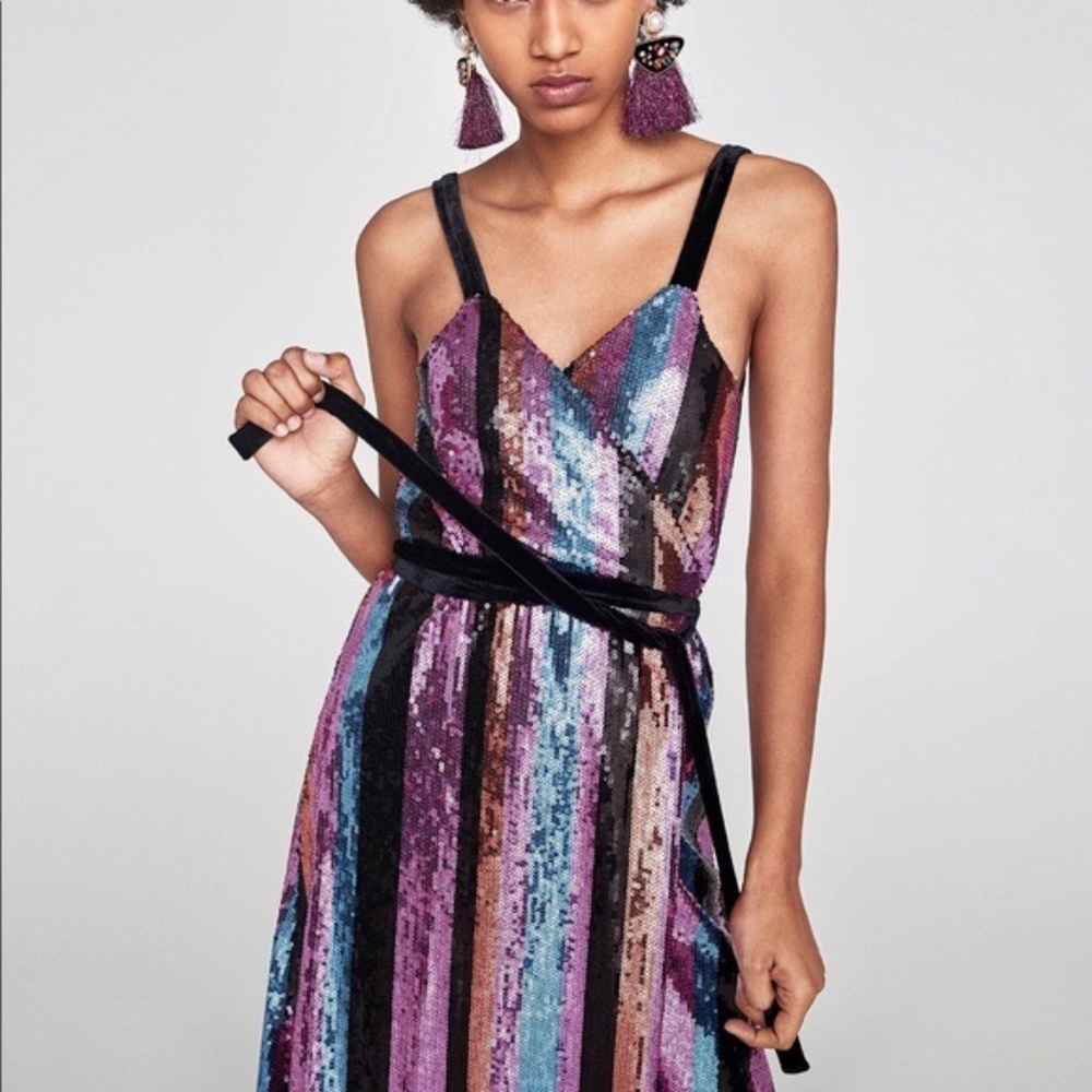 SOLD Zara Sequin Stripe Midi Wrap Dress, Sz Small - Picture 2 of 16
